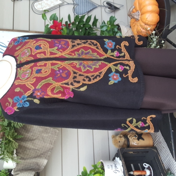 COLDWATER CREEK ♡ Vintage Black Floral Embroidered Zip Cardigan Sweater S|M - Picture 5 of 13